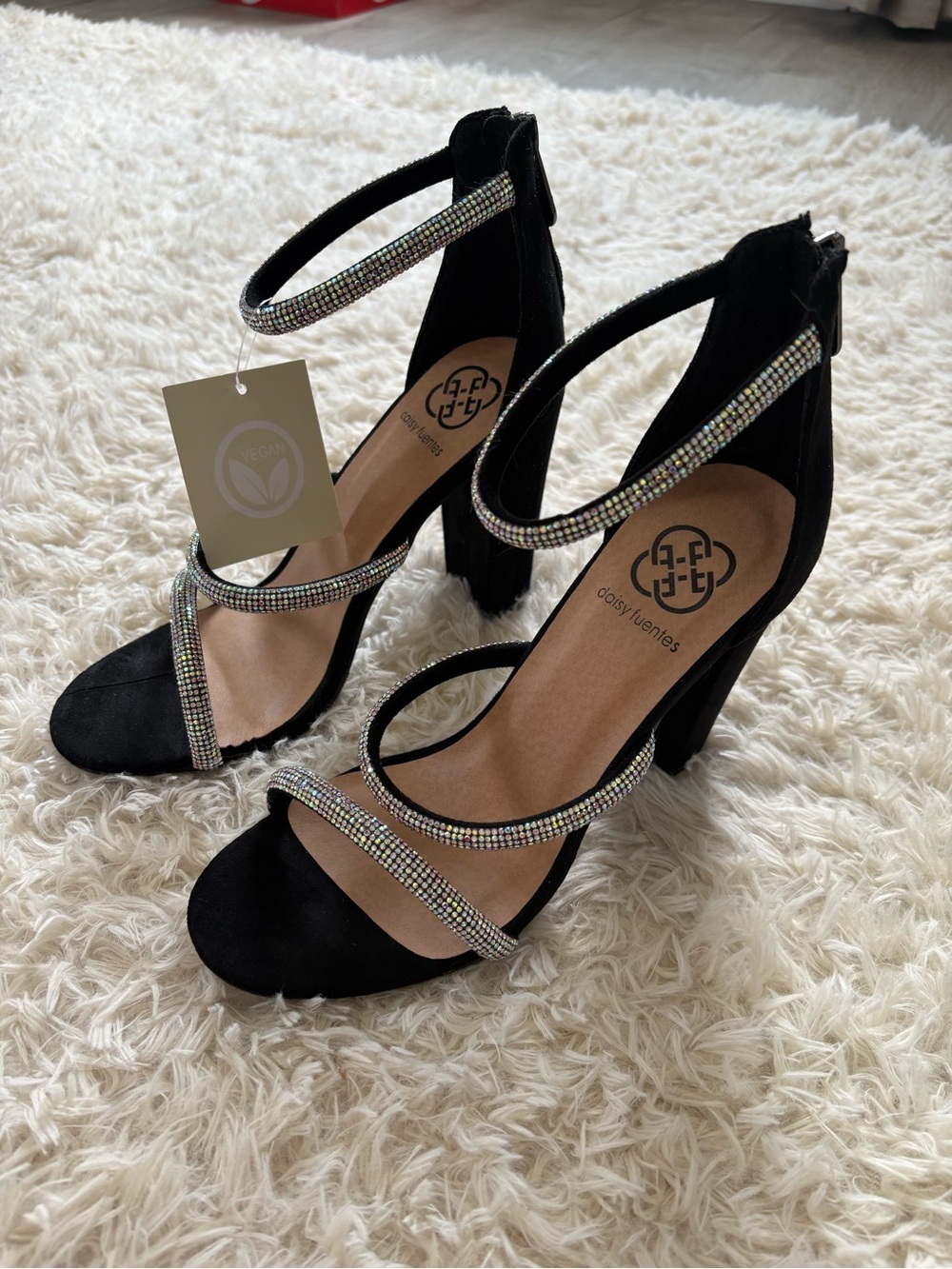 Daisy Fuentes Black Suede Block Heels with Crystal Straps